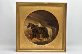 JOHN FREDERICK HERRING Snr (1795-1865), BROWN AND WHITE HEAVY HORSES IN STABLES, one wearing a