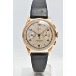A 18CT GOLD DREFFA TWIN DIAL CHRONOGRAPH WRISTWATCH, hand wound movement, silver tone round dial