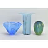 THREE 20TH CENTURY STUDIO GLASS VASES, comprising a William Walker handkerchief vase, signed and