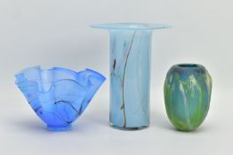 THREE 20TH CENTURY STUDIO GLASS VASES, comprising a William Walker handkerchief vase, signed and