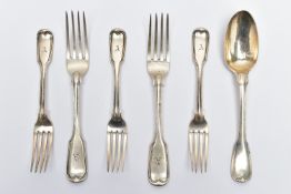 A SMALL PARCEL OF VICTORIAN FIDDLE AND THREAD PATTERN FLATWARE, comprising two table forks and three