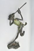 A BRONZE HOBLINS GARDEN SCULPTURE OF PIP, by Julian Jeffery, the goblin modelled as playing a