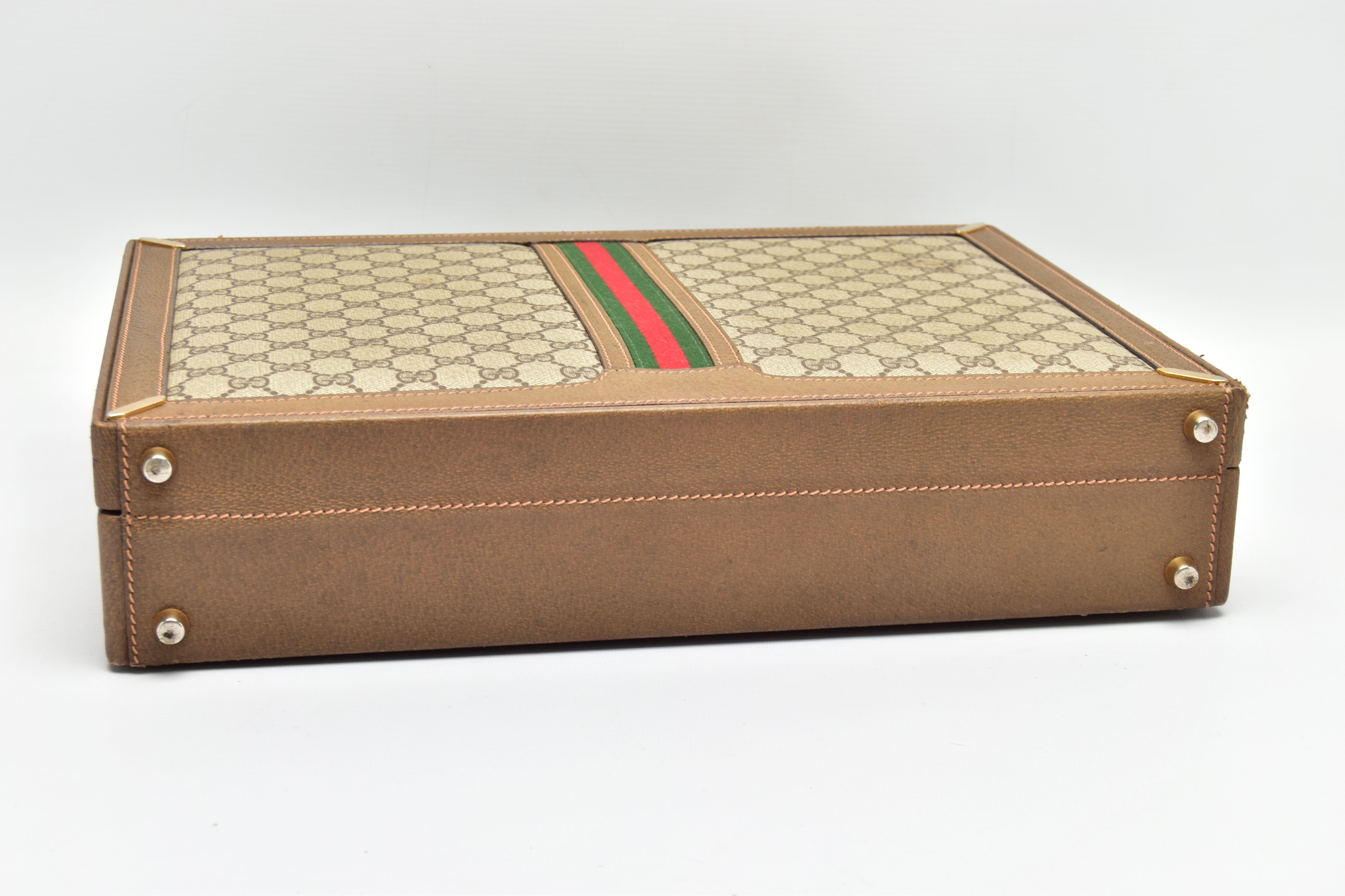 A VINTAGE GUCCI BRIEFCASE WITH GREEN LEATHER TRIM, the front and back vinyl panels with Gucci - Image 13 of 20