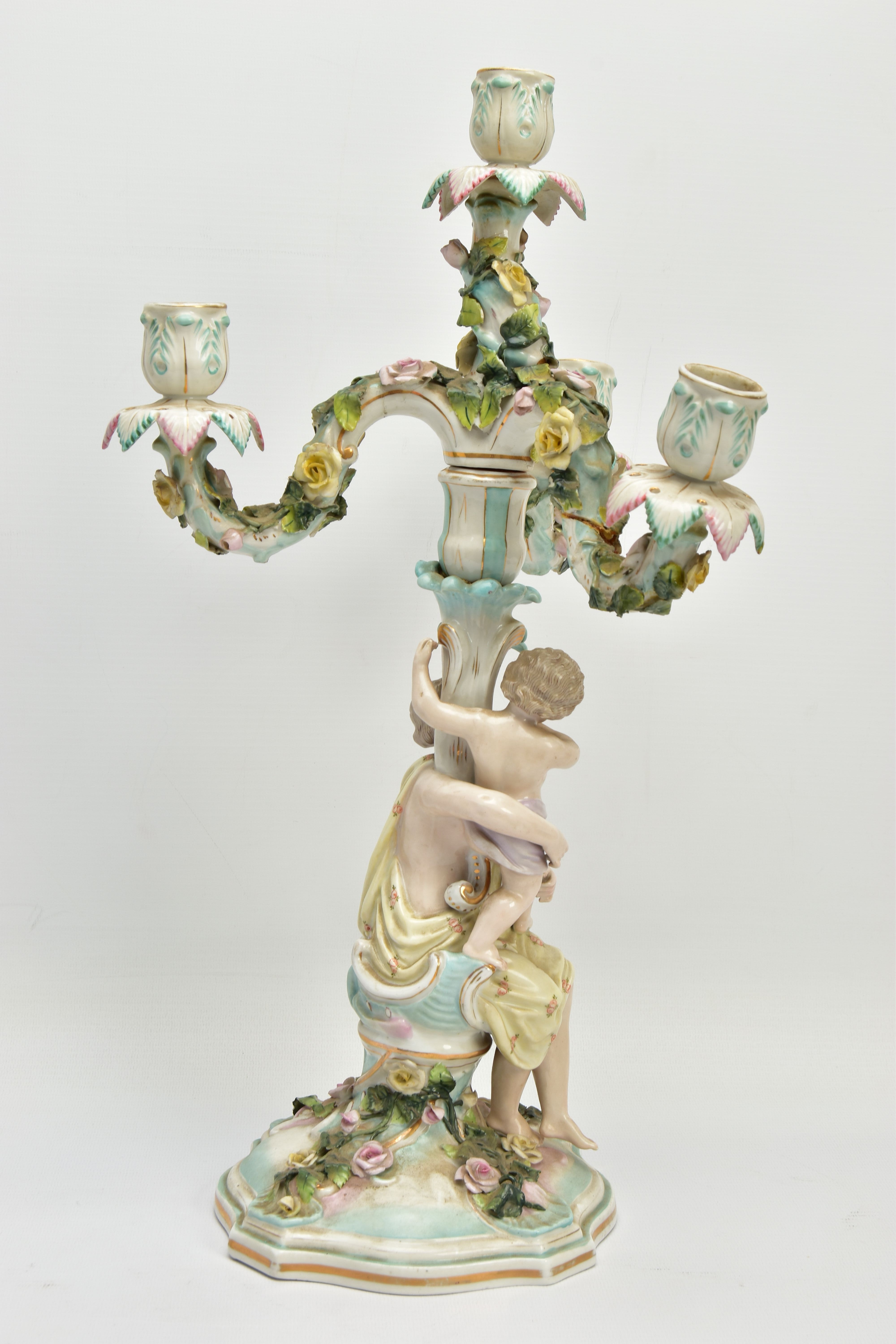 A PAIR OF LATE 19TH / EARLY 20TH CENTURY PLAUE PORCELAIN FLORALLY ENCRUSTED FIGURAL CANDELABRA, each - Image 20 of 23