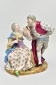 A LATE 19TH CENTURY MEISSEN FIGURE GROUP OF PANTALONE AND COLUMBINE, modelled as seated and standing