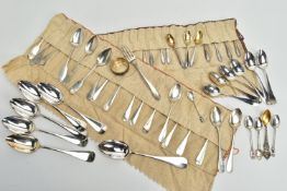 A QUANTITY OF WHITE METAL SPOONS, ETC, MOST STAMPED 800, including a set of twelve large