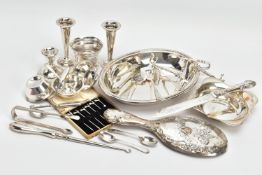 A BOX OF ASSORTED SILVER AND SILVER PLATED ITEMS, the silver comprising a set of three George V
