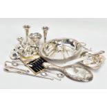 A BOX OF ASSORTED SILVER AND SILVER PLATED ITEMS, the silver comprising a set of three George V