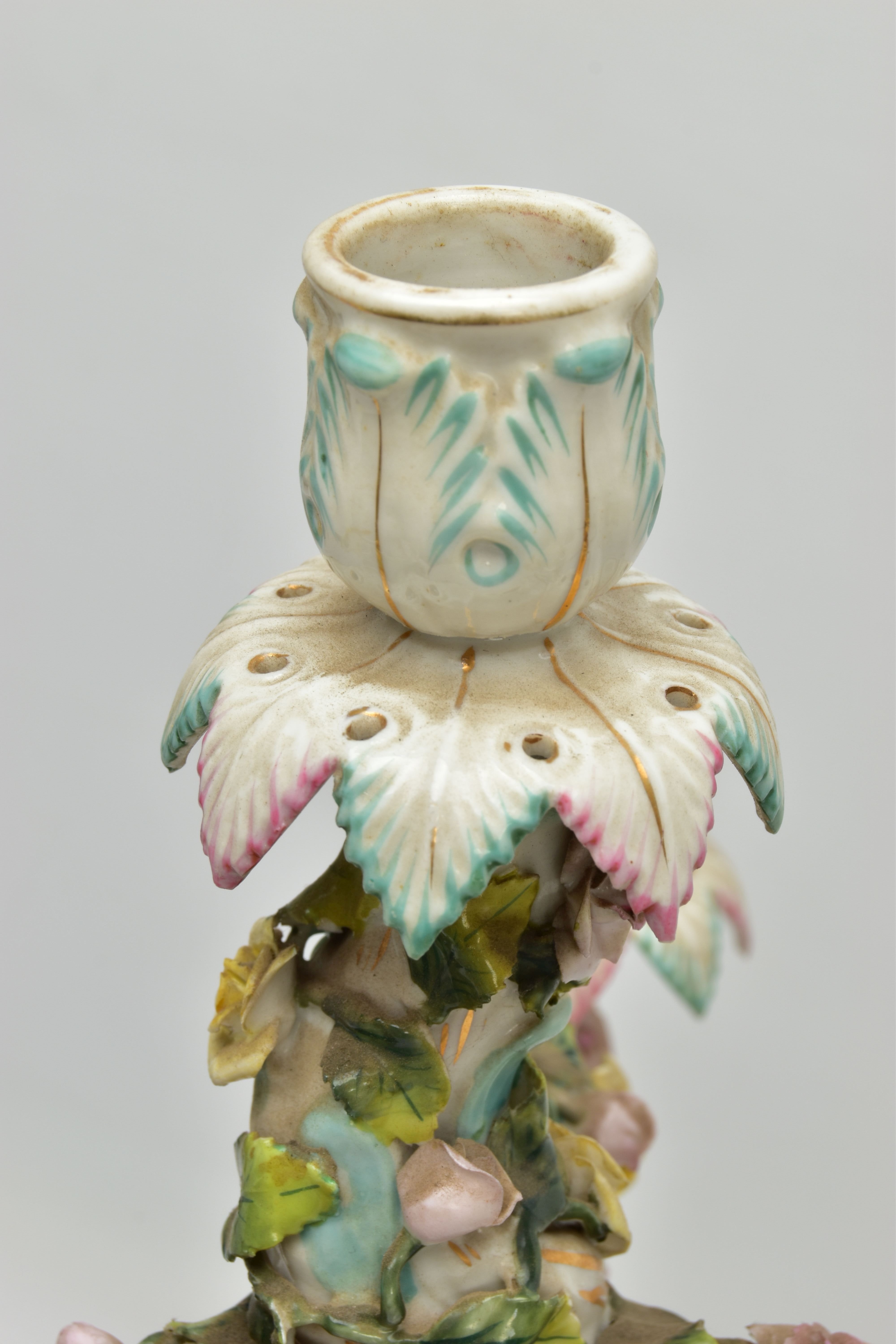 A PAIR OF LATE 19TH / EARLY 20TH CENTURY PLAUE PORCELAIN FLORALLY ENCRUSTED FIGURAL CANDELABRA, each - Image 10 of 23