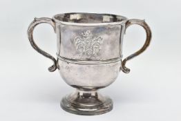 A GEORGE II SILVER TWIN HANDLED CUP, with S scroll handles, the front and back engraved with