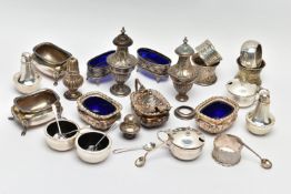 AN ASSORTMENT OF EARLY 20TH CENTURY SILVER CONDIMENTS SETS AND NAPKIN RINGS, to include two matching