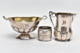 AN ARTS AND CRAFTS SILVER CREAM JUG AND SUGAR BOWL BY JOHN WILLIAM BARRETT, both with planished