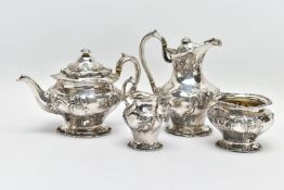 AN EDWARDIAN SCOTTISH SILVER FOUR PIECE BACHELOR'S TEA SERVICE OF CIRCULAR, comprising tea pot,