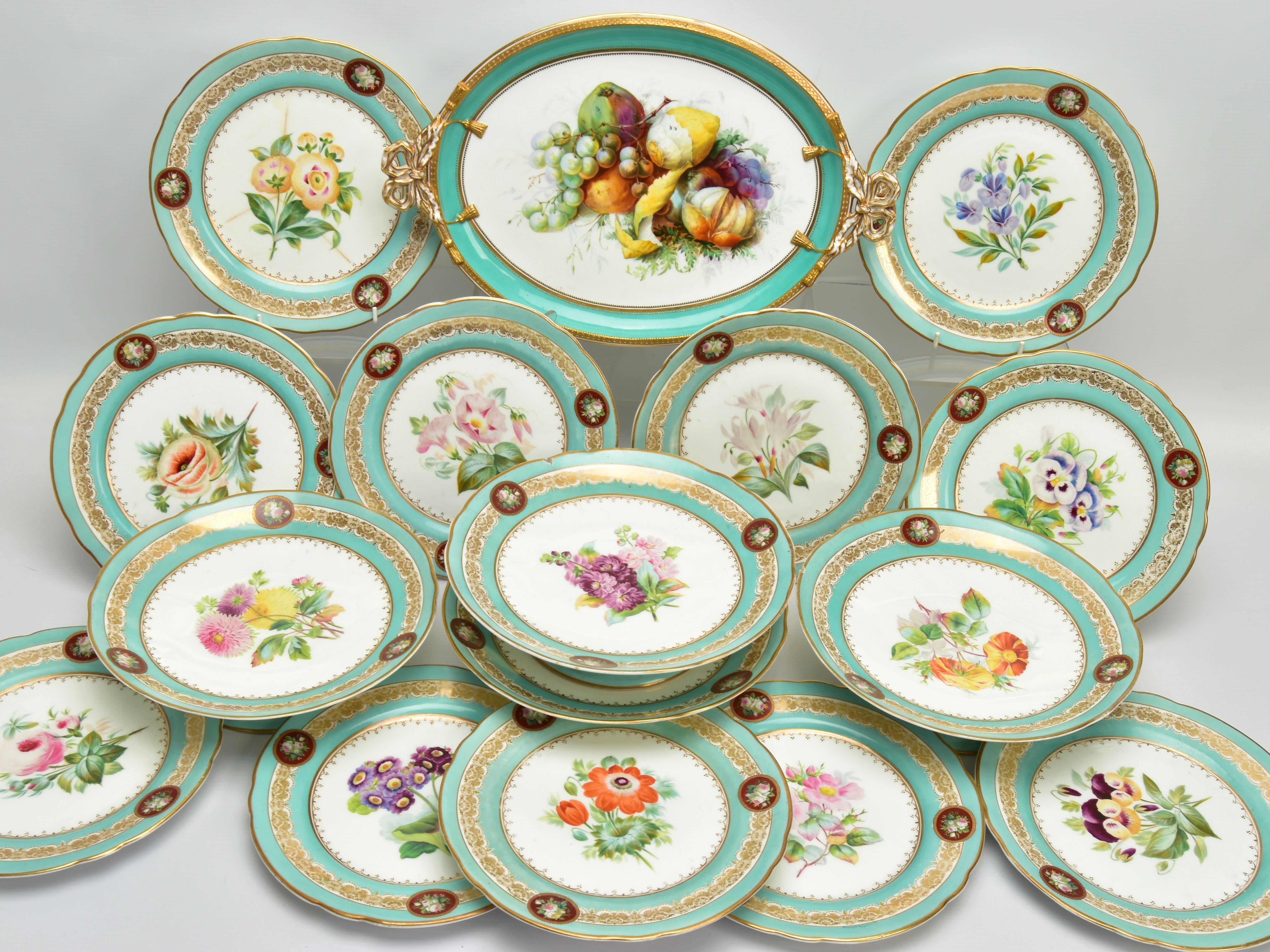 A VICTORIAN COALPORT TWIN HANDLED OVAL PLATTER AND A VICTORIAN PORCELAIN PART DESSERT SERVICE, the