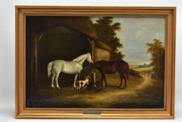 A 19TH CENTURY ENGLISH SCHOOL STUDY OF TWO HORSES AND A GOAT BESIDE A THATCHED OUTBUILDING, no