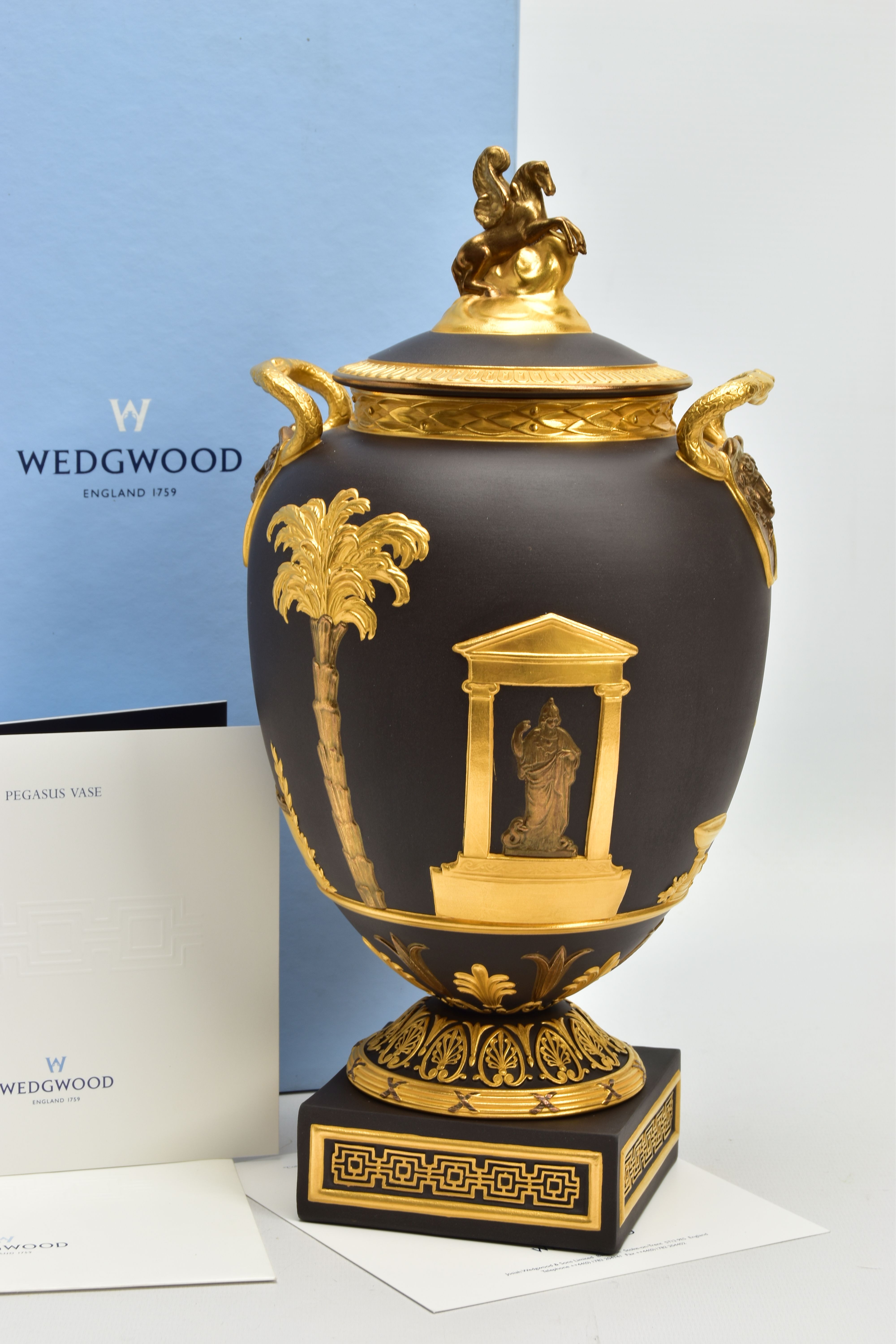 A BOXED WEDGWOOD MASTERPIECE COLLECTION LIMITED EDITION BLACK BASALT AND GILT PEGASUS VASE AND - Image 3 of 11