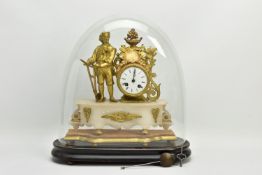 A LATE 19TH CENTURY GILT METAL AND ALABASTER FIGURAL MANTEL CLOCK, the drum shaped clock