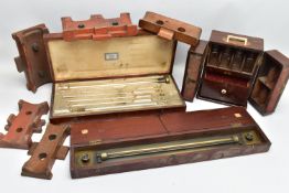 A VICTORIAN MAHOGANY TRAVELLING APOTHECARY'S BOX AND OTHER SCIENTIFIC EQUIPMENT AND APPARATUS,