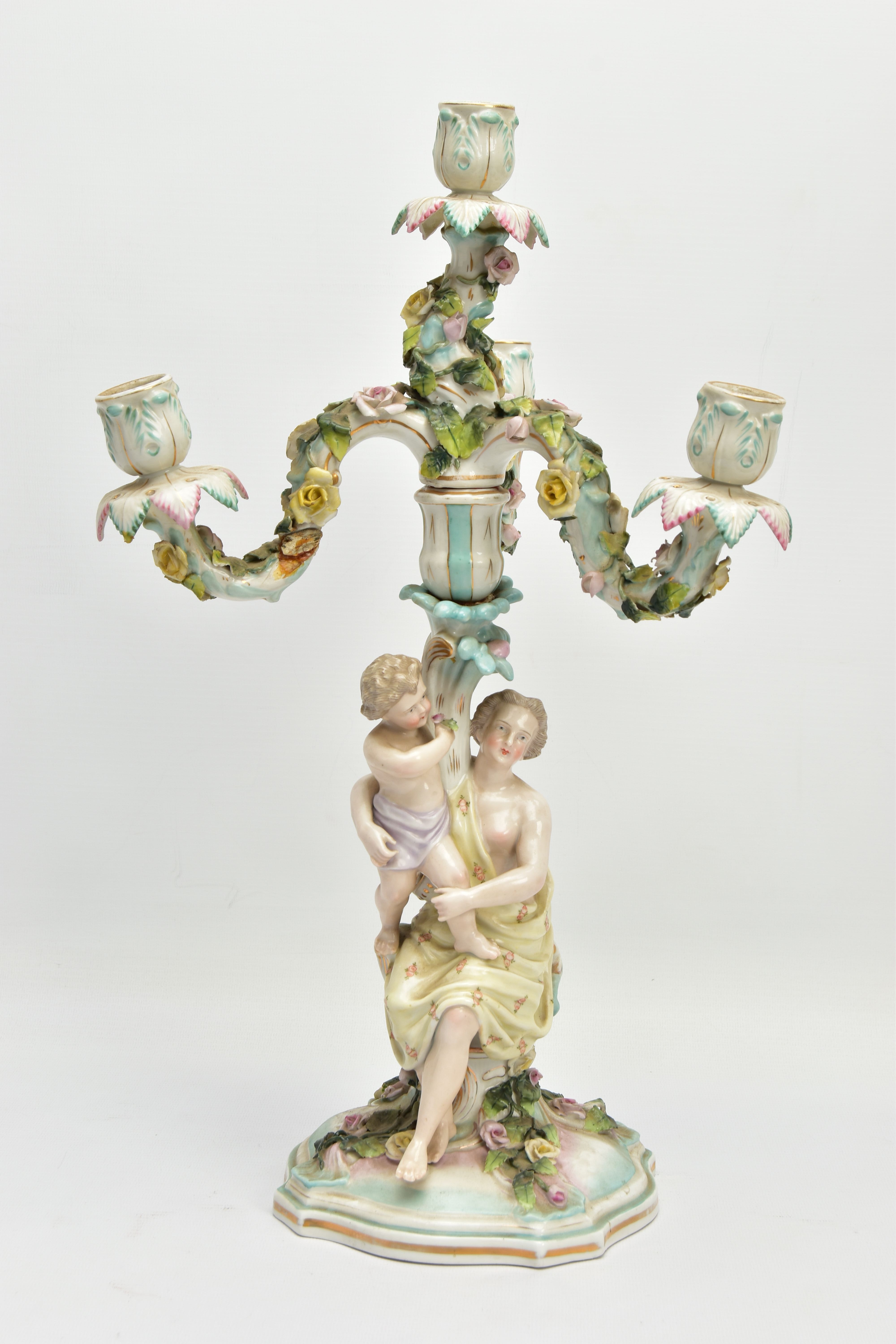 A PAIR OF LATE 19TH / EARLY 20TH CENTURY PLAUE PORCELAIN FLORALLY ENCRUSTED FIGURAL CANDELABRA, each - Image 15 of 23