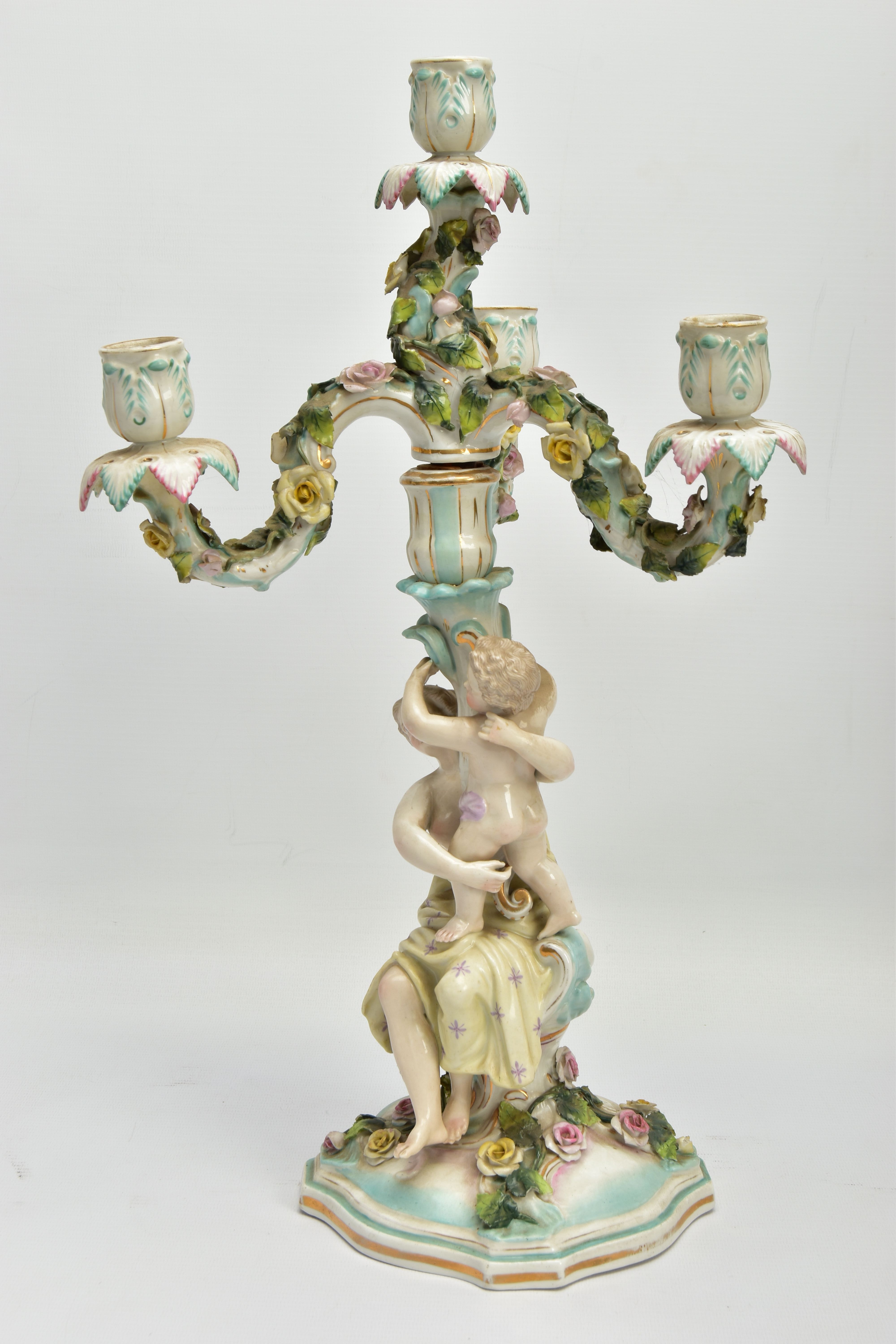 A PAIR OF LATE 19TH / EARLY 20TH CENTURY PLAUE PORCELAIN FLORALLY ENCRUSTED FIGURAL CANDELABRA, each - Image 8 of 23