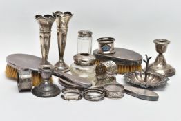 A PARCEL OF 20TH CENTURY SILVER, including five assorted circular napkin rings, one with enamelled