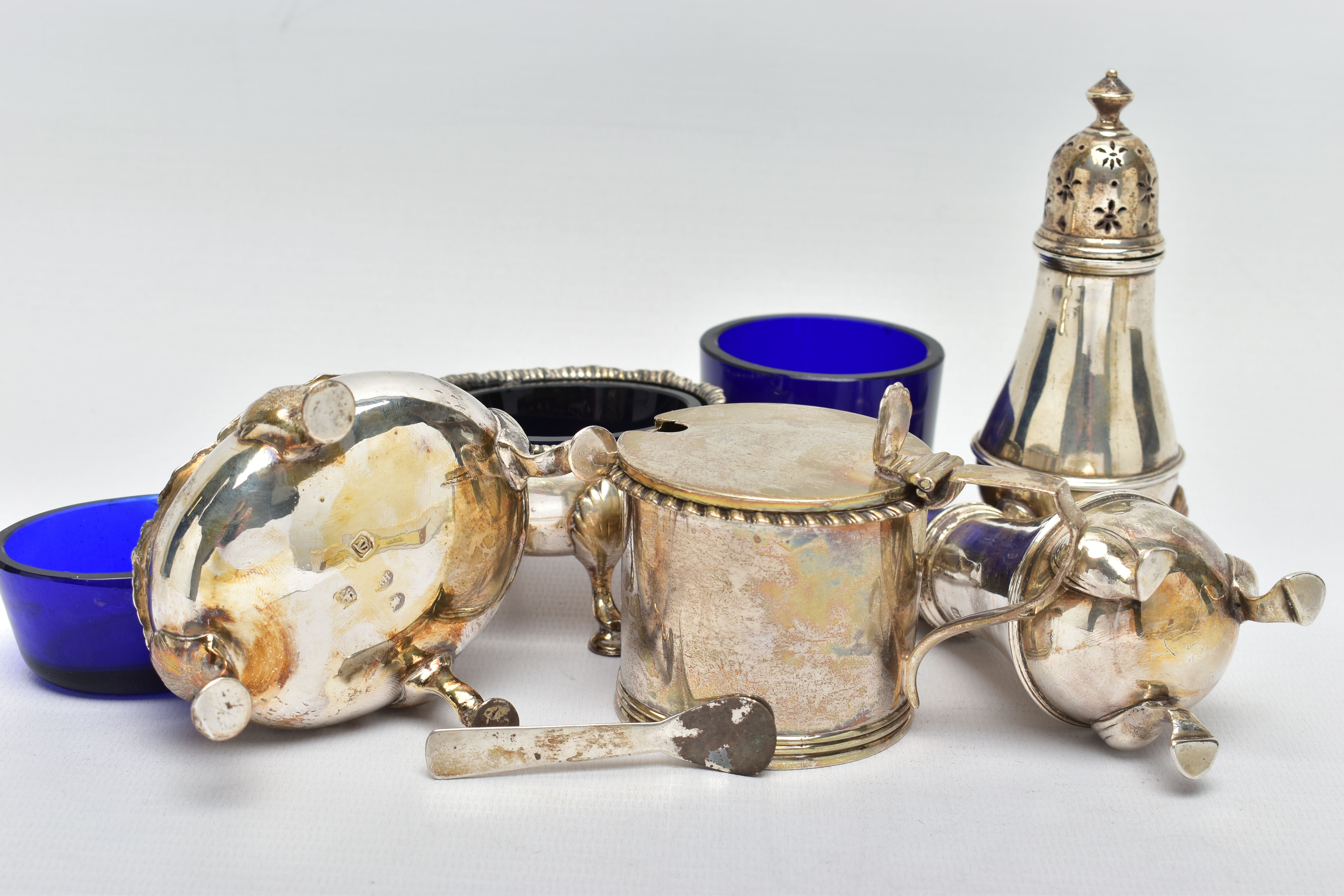A PAIR OF GEORGE III SILVER OVAL SALTS AND THREE OTHER SILVER CRUET ITEMS, the oval salts with - Image 7 of 8