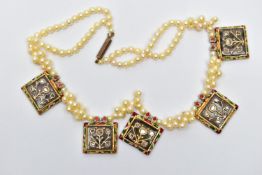 AN INDIAN YELLOW METAL DIAMOND AND ENAMEL CULTURED PEARL NECKLACE, the front designed as a series of