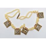 AN INDIAN YELLOW METAL DIAMOND AND ENAMEL CULTURED PEARL NECKLACE, the front designed as a series of