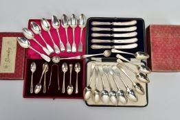 A PARCEL OF LATE 18TH, 19TH AND 20TH CENTURY SILVER FLATWARE AND CUTLERY, including a pair of George