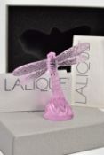 A BOXED LALIQUE PINK GLASS DRAGONFLY, model no.1218500, frosted body on a clear base, etched '