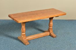 ROBERT 'MOUSEMAN' THOMPSON OF KILBURN, A 3FT OAK RECTANGULAR COFFEE TABLE, with an adzed top, twin