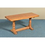 ROBERT 'MOUSEMAN' THOMPSON OF KILBURN, A 3FT OAK RECTANGULAR COFFEE TABLE, with an adzed top, twin