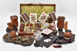 A MID 20TH CENTURY LEATHER CASED GAMING SET AND A BOX OF ASSORTED TREEN COLLECTABLES, ETC, the