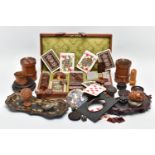 A MID 20TH CENTURY LEATHER CASED GAMING SET AND A BOX OF ASSORTED TREEN COLLECTABLES, ETC, the