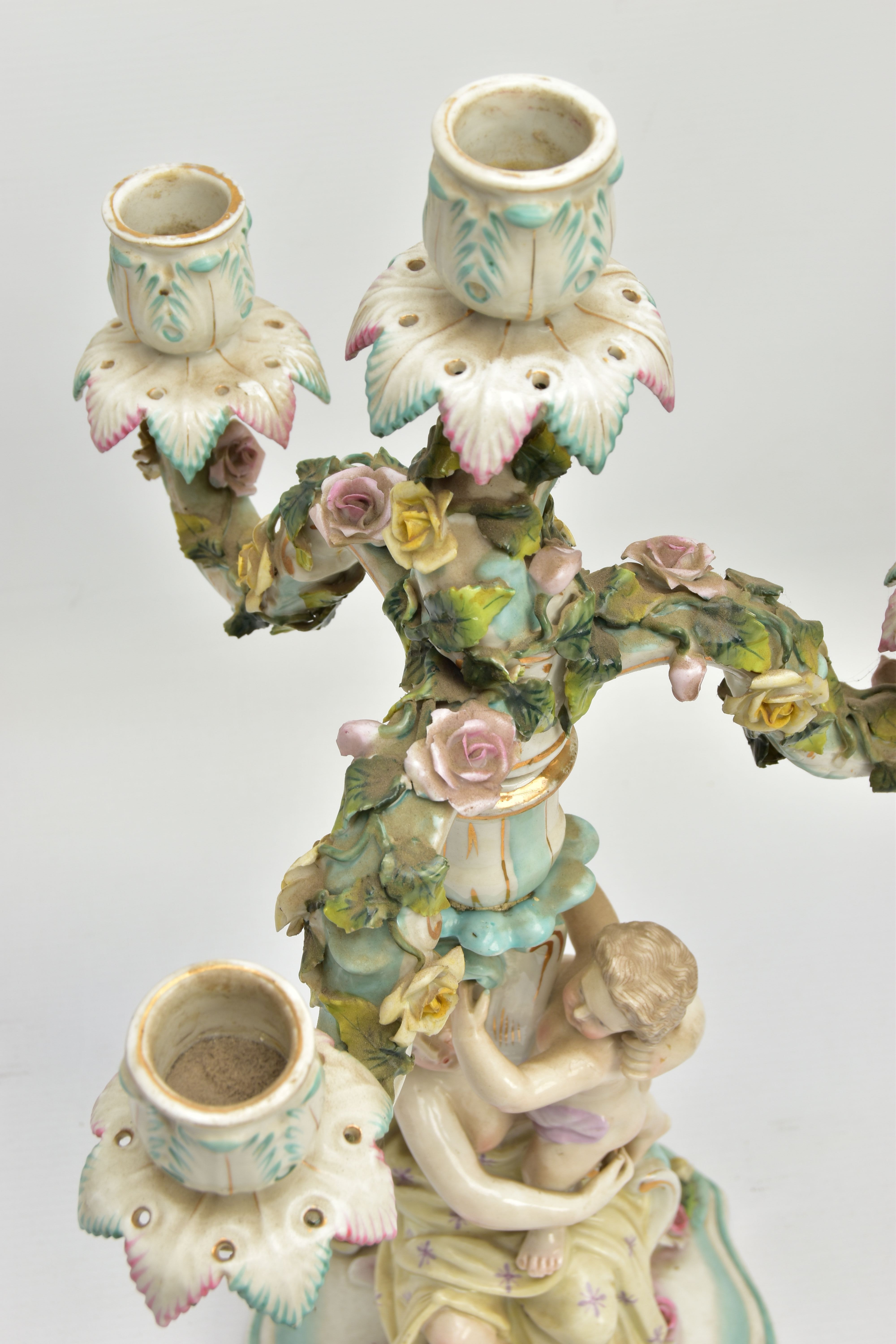 A PAIR OF LATE 19TH / EARLY 20TH CENTURY PLAUE PORCELAIN FLORALLY ENCRUSTED FIGURAL CANDELABRA, each - Image 9 of 23