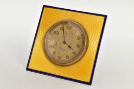 A GEORGE V SILVER AND ENAMEL SWISS EIGHT DAY DESK CLOCK OF SQUARE FORM, blue band with guilloche