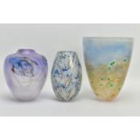 THREE LATER 20TH CENTURY STUDIO GLASS VASES, comprising a Barry Cullen ovoid vase with frosted