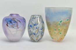 THREE LATER 20TH CENTURY STUDIO GLASS VASES, comprising a Barry Cullen ovoid vase with frosted
