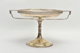 A GEORGE V SILVER TWIN HANDLED COMPORT, with balustrade pierced gallery with flattened lugs over