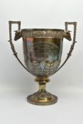 A VICTORIAN ELKINGTON & CO SILVER (WORN SILVER GILT) TWIN HANDLED TROPHY CUP, the rim repousse