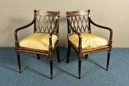 A PAIR OF SHERATON REVIVAL EBONISED AND PARCEL-GILT ARMCHAIRS, c1820, with a Greek pattern to the