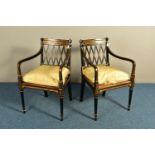 A PAIR OF SHERATON REVIVAL EBONISED AND PARCEL-GILT ARMCHAIRS, c1820, with a Greek pattern to the