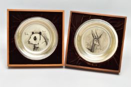 TWO ELIZABETH II STERLING SILVER BERNARD BUFFET PLATES MOUNTED IN EASEL BACK FRAMES, etched with a