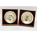 TWO ELIZABETH II STERLING SILVER BERNARD BUFFET PLATES MOUNTED IN EASEL BACK FRAMES, etched with a