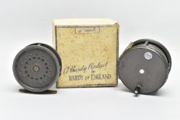 A BOXED HARDY THE PERFECT 4 1/4 INCH SALMON FLY REEL, bears Masterline DT 11SF label and outline