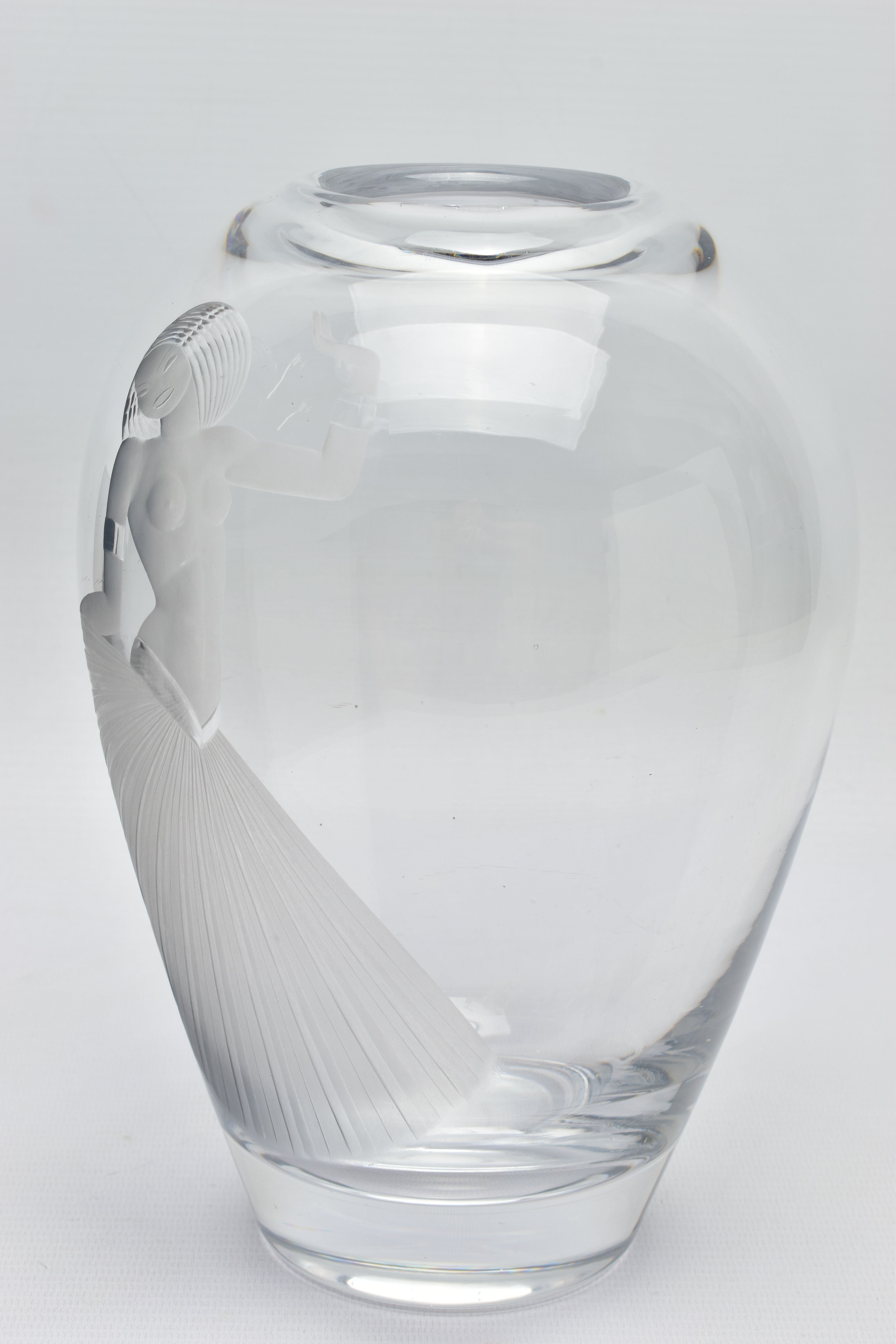 VICKE LINDSTRAND (1904-1983) FOR ORREFORS, A BALUSTER VASE OF SWOLLEN FORM, engraved with a semi- - Image 4 of 10