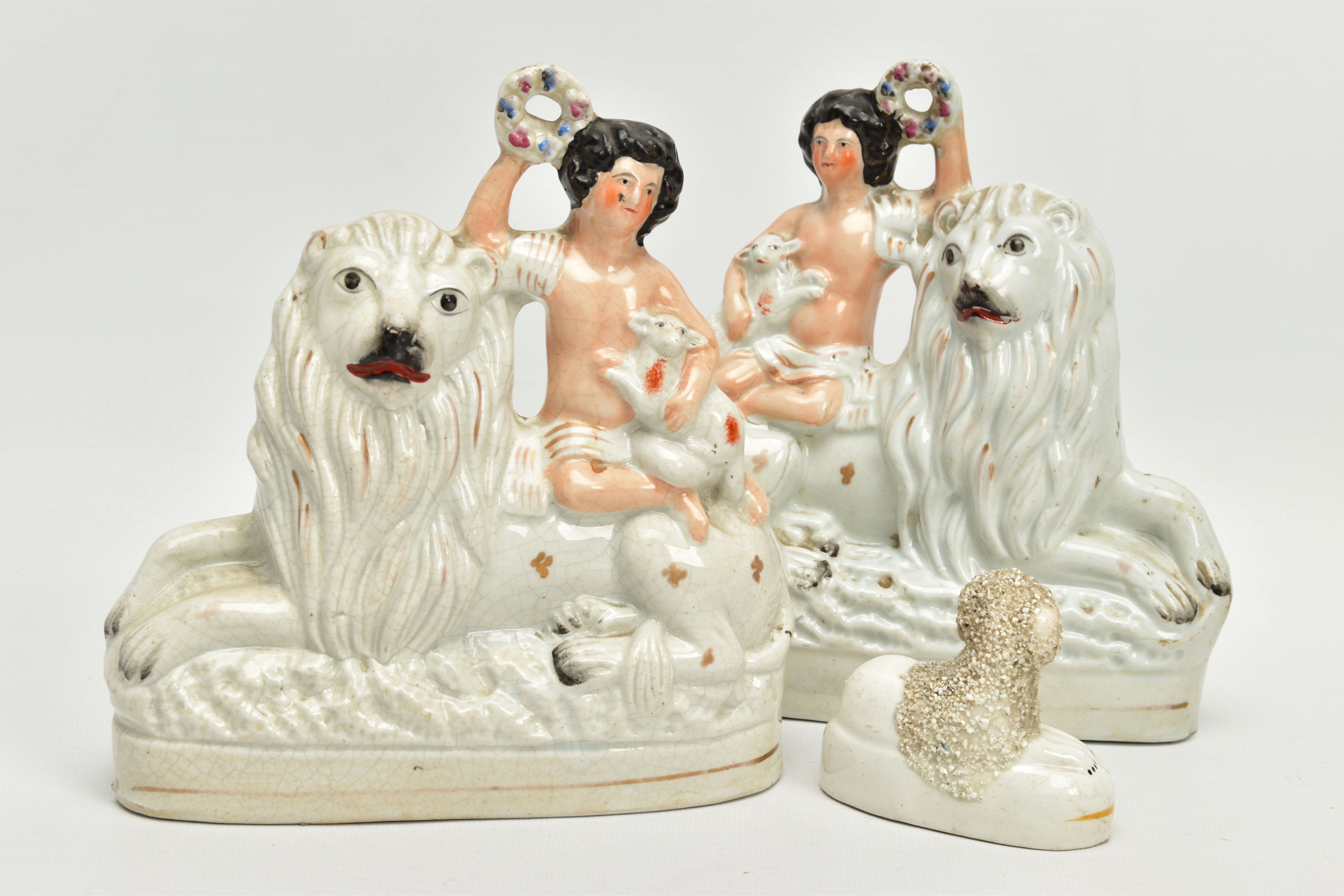 A PAIR OF VICTORIAN STAFFORDSHIRE POTTERY FIGURE GROUPS, modelled as a naked boy holding a garland a - Image 2 of 8