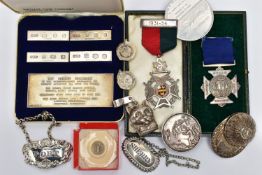 A PARCEL OF SILVER DECANTER LABELS, MEDALLIONS, CADDY SPOON, ETC, comprising a William IV 'SHERRY'