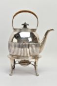 A LATE VICTORIAN SILVER SPIRIT KETTLE ON STAND, of oval form, basket weave insulation, the pull