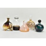 FIVE LATER 20TH CENTURY STUDIO GLASS PERFUME BOTTLES, comprising a Charlie Meaker bottle with a